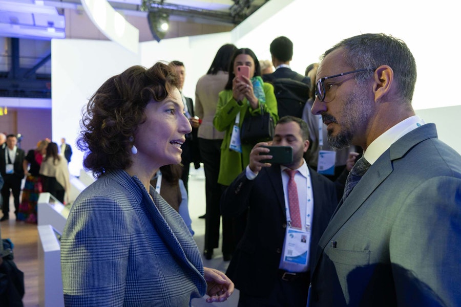 Prince Rahim Aga Khan with Ms Audrey Azoulay UNESCO's Director-General at the Paris Peace Forum 2022
