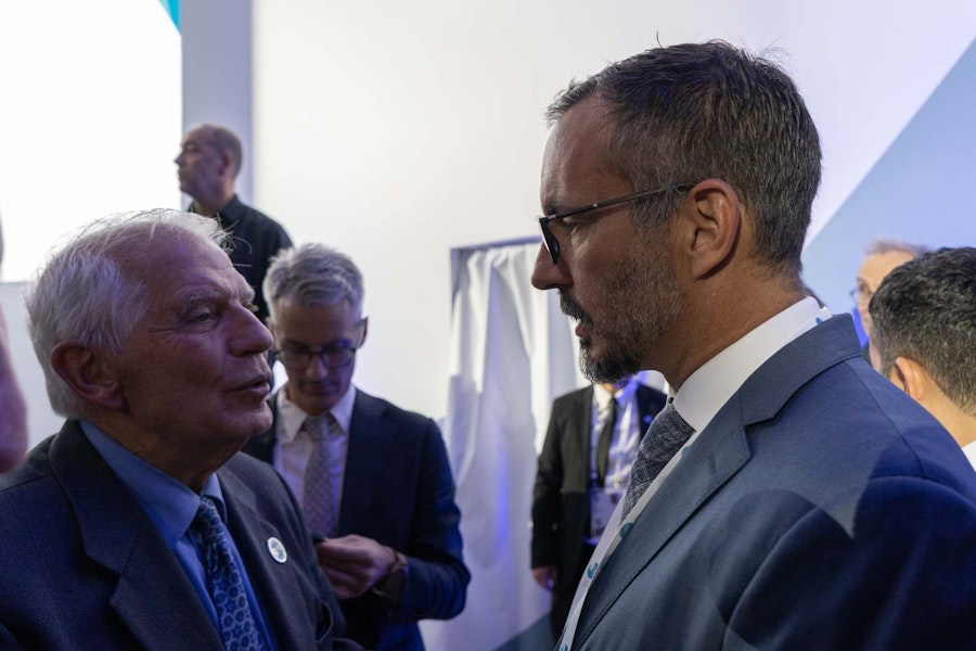 Prince Rahim Aga Khan with Josep Borrell, the  High Representative of the European Union for Foreign Affairs and Security Policy, and Vice-President of the European Commission, at the Paris Peace Forum 2022
